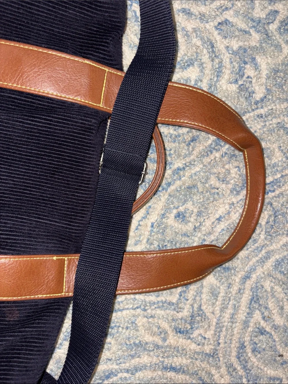 Nautica Navy Corduroy Duffel with Brown Trim and Strap